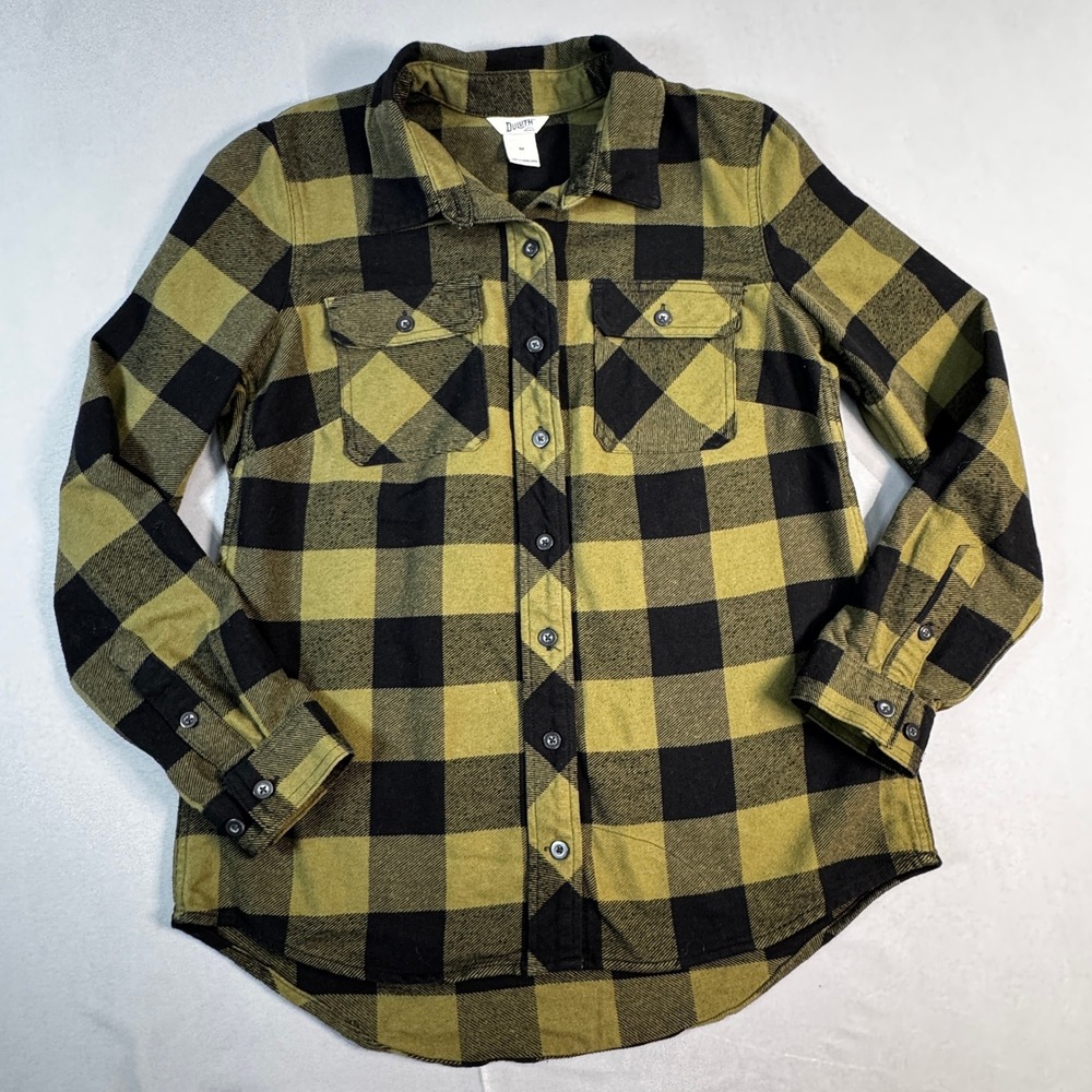 Duluth Trading Co Womens M Free Swingin Flannel Shirt Olive and Black Cabincore